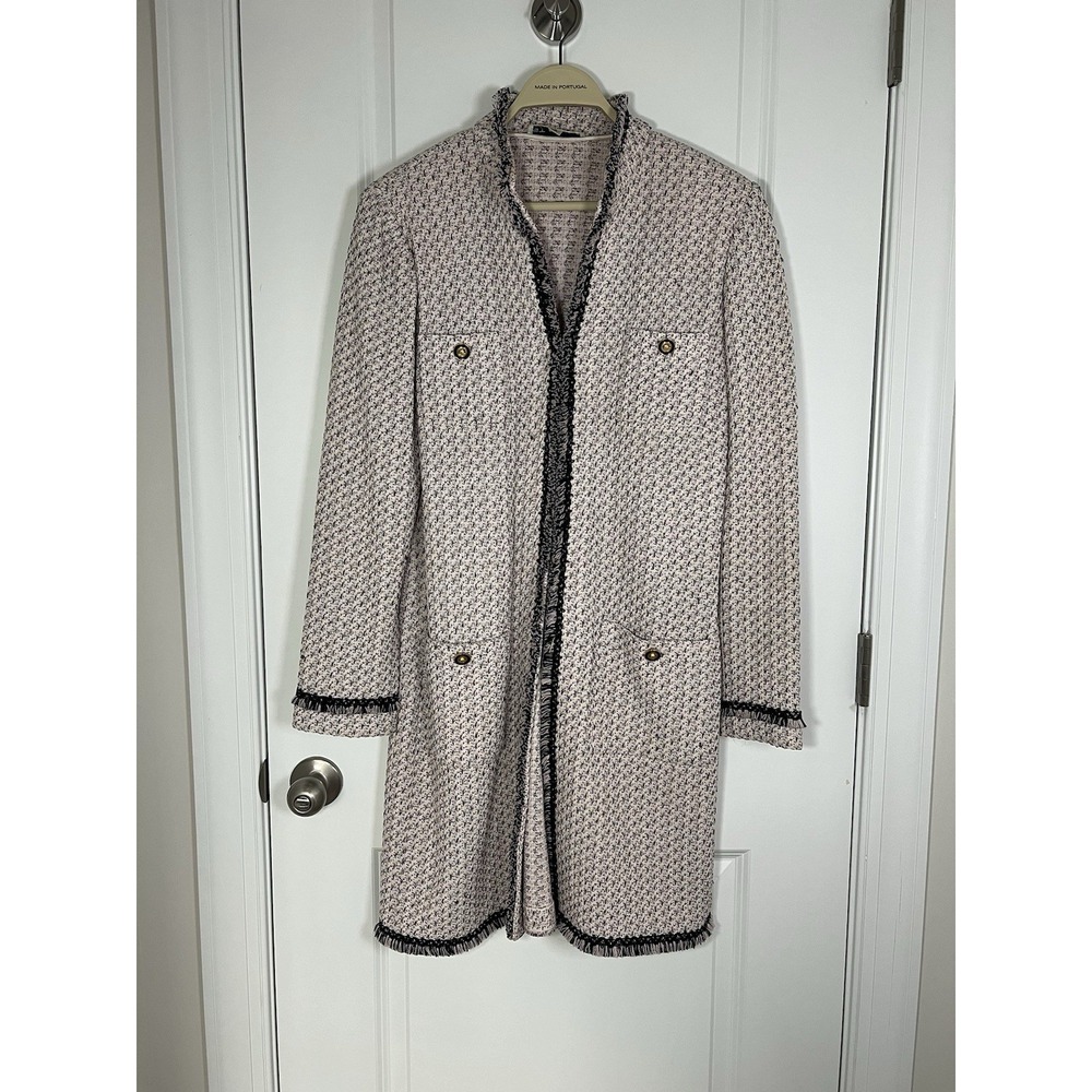 Women's Vintage St. John Collection Tweed Fringe Coat Size 12 Mid Length Pink